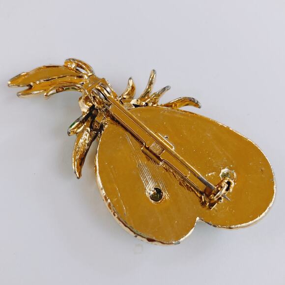 Vintage Mid Century Tropical Brooch Green Glass Nugget Enamel Gold Tone Pin - Picture 7 of 10